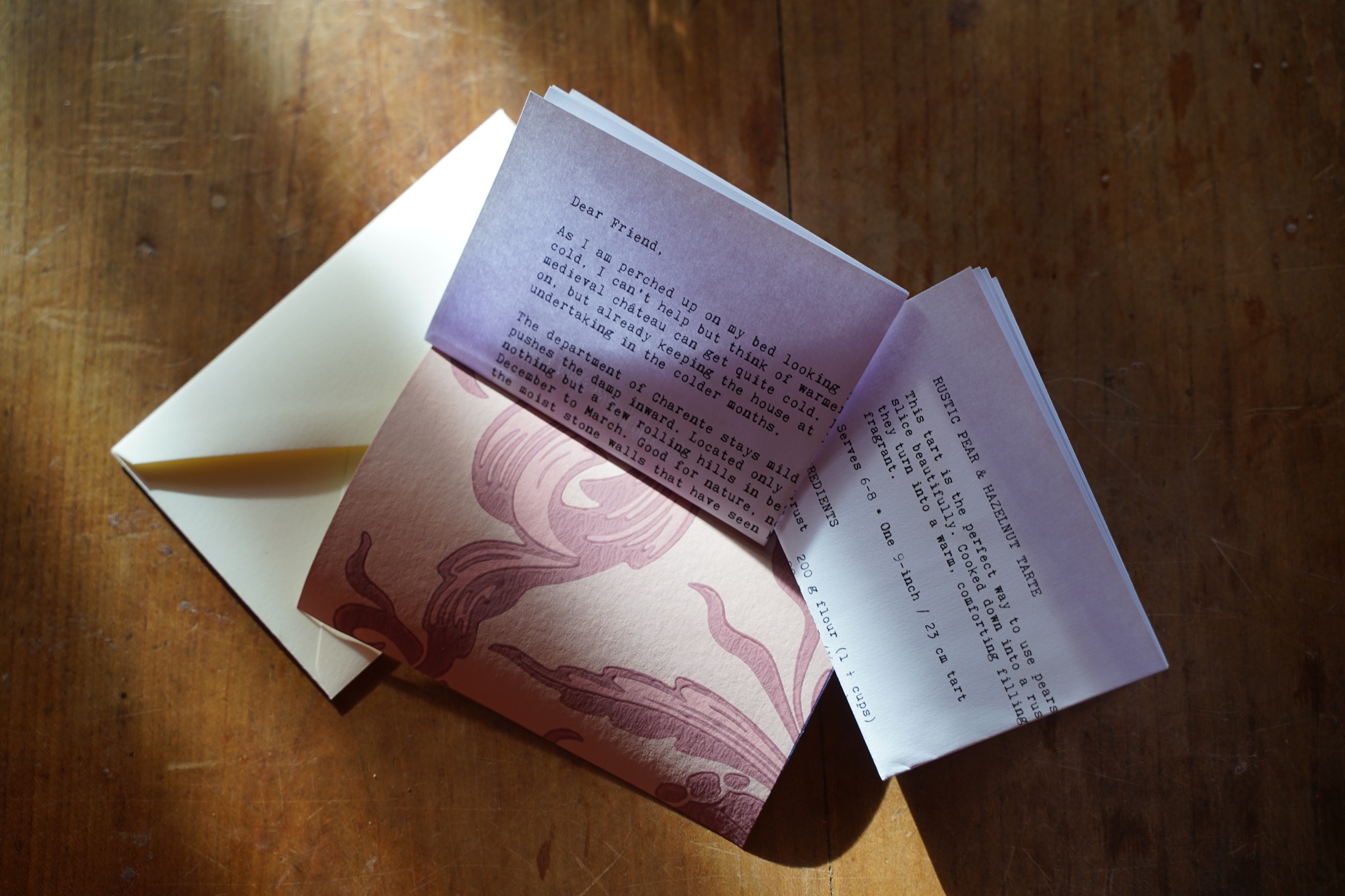 A typewritten Château Letter with a vegan recipe and illustrated printed card